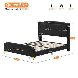 Sunvega Queen Size Leather Bed Frame with Wingback Headboard and Gold Metal Decor