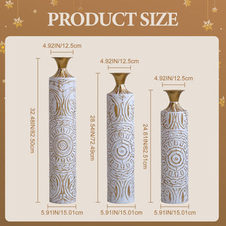 Sunvega Gilded White 3D Relief Flower Metal Cylinder Vase Set for Home Décor