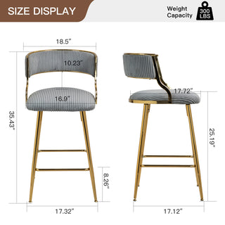Sunvega Set of 2 Grey Corduroy Bar Stools with Back Golden Chromed Base and Footrest