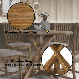 Sunvega Weathered Oak Finish Round Pedestal Dining Table with Wooden X-Design Base