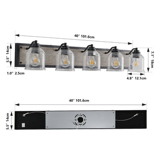 Sunvega Black and Wood Grain 5-Light Bathroom Vanity Fixture with Clear Seeded Glass Shades