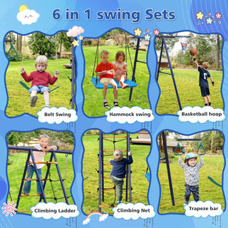 Sunvega 6 in 1 Swing Set with Climbing Ladder Net Trapeze Bar Hammock and Belt Swing