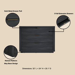 Sunvega Modern Charcoal Gray Nightstand with 3 Full Extension Drawers