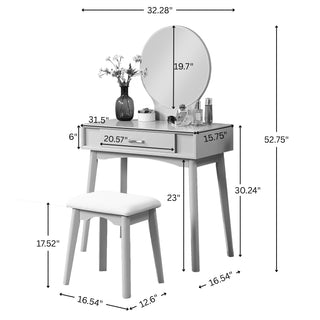 Sunvega Gold Modern Wood Vanity Set with Round Mirror and Matching Stool