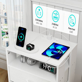 Sunvega Modern Nightstand with Charging Station, LED Light and Fabric Drawers