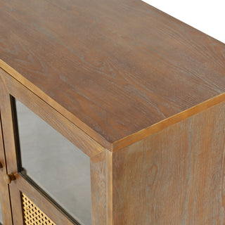 Sunvega Retro 4-Door Sideboard with Rattan and Glass Doors for Large Storage Space