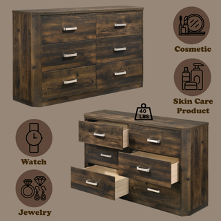 Sunvega Rustic Walnut Finish Six-Drawer Dresser with Brushed Nickel Handles