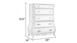 Sunvega Modern Style 5-Drawer Chest with Ornate Carvings in Pearl White