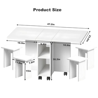 Sunvega White Folding Drop Leaf Dining Table Set with 4 Chairs and Storage