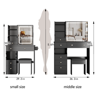 Sunvega Small Size Left Drawer Vanity Table with Adjustable LED Mirror and Stool