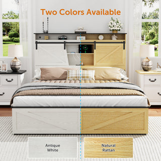 Sunvega Farmhouse Full Size Bed Frame with Storage Headboard, Drawers, Charging Station & LED Lights