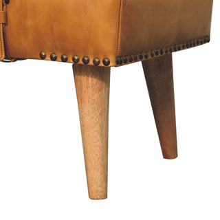 Sunvega Handwoven Bouclé Cotton and Buffalo Hide Leather Bench with Wood Legs