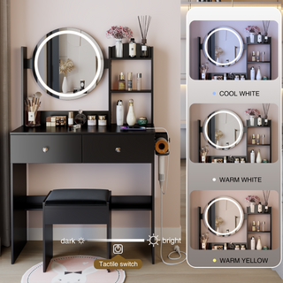 Sunvega 17 Inch Round LED Vanity Table Set with Cushioned Stool and Touch Control Mirror