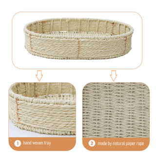 Sunvega 3 Tier Oval Paper Rope Woven Side Table with Detachable Tray Storage Basket