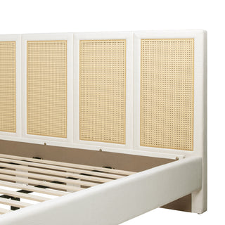 Sunvega Upholstered Platform Bed with Rattan Panels and Ivory Fabric for Bedroom