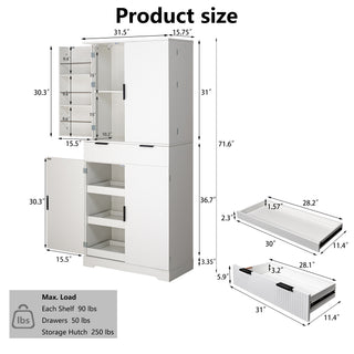 Sunvega Freestanding Fluted Kitchen Pantry Cabinet with 3 Keyboard Drawers and 6 Shelves