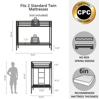 Sunvega Twin Over Twin Metal Bunk Bed with Ladder Guardrails for Kids Adults Bedroom
