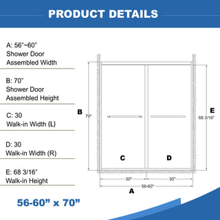 Sunvega 56-60"x58" Adjustable Aluminum Frame Double Sliding Bathtub Screen