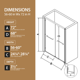 Sunvega 56-60" W x 72" H Matte Black Aluminum Frame Double Sliding Shower Door