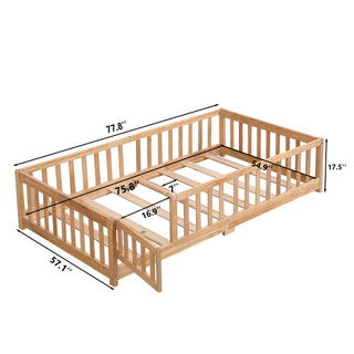 Sunvega Full Size Pine Wood Floor Bed with Safety Guardrails and Door