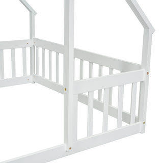 Sunvega Twin Wood House Floor Bed with Guardrail Fence in Grey
