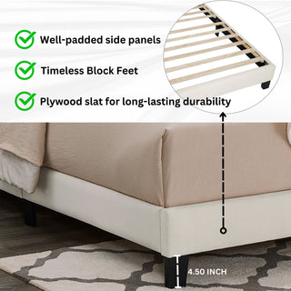 Sunvega Plush 3D Upholstered Platform Bed in White Dove with Height Adjustable Headboard