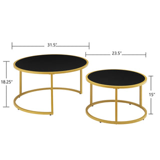 Sunvega Modern Faux Leather Round Nesting Coffee Table with Golden Metal Base Set of 2