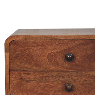 Sunvega Solid Mango Wood Curved Bedside Table with Two Drawers Honey Caramel Finish