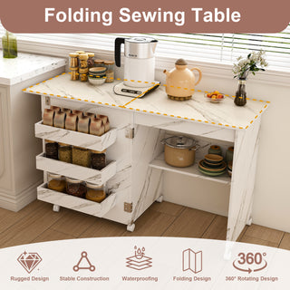 Sunvega 4-in-1 Folding Sewing Table with Lockable Wheels and Shelves for Crafting