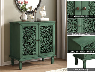 Sunvega Antique Green Buffet Cabinet with Floral Carvings and Solid Wood Legs for Living Room