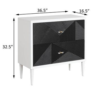 Sunvega White and Black Accent Nightstand with Two Patterned Drawers and Wooden Legs