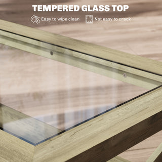 Sunvega Modern Farmhouse Coffee Table with Tempered Glass Top and Storage Shelf