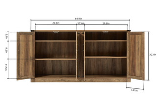Sunvega 65-Inch Rustic Oak Faux Rattan Sideboard with Four Barn Doors for Living Room