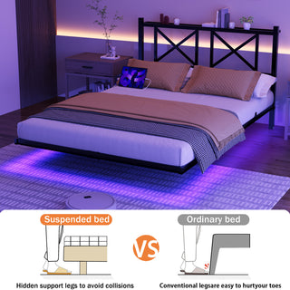Sunvega Queen Size Floating Bed Frame with Headboard Storage USB Charging and RGB LED Lights