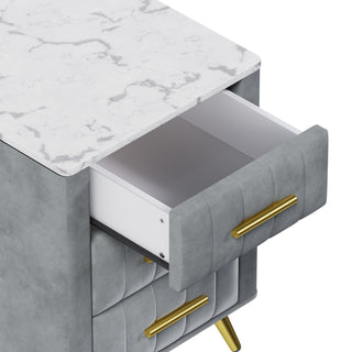 Sunvega Upholstered Velvet Nightstand with Marbling Worktop and 3 Spacious Drawers