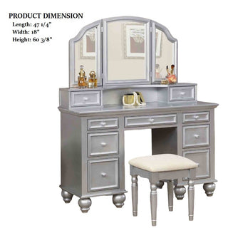 Sunvega Silver Transitional Vanity Set with Stool and 3-Sided Mirror