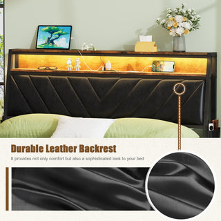 Sunvega Queen Bed Frame with Tilted RGB LED Headboard and Charging Station