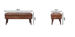 Sunvega Solid Mango Wood Brown Buffalo Leather Upholstered Bench with Deep Button
