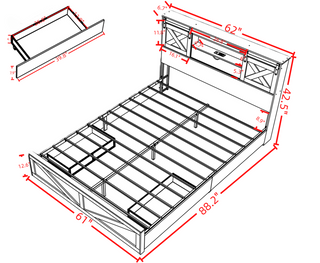 Sunvega Farmhouse Queen Bed Frame with LED Lights Charging Station and Storage Drawers