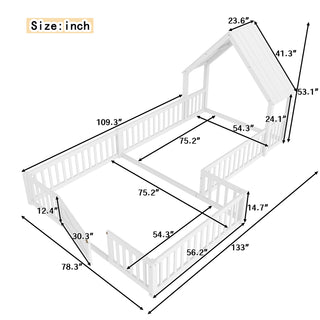 Sunvega Full Size House Floor Bed with Door and Full-Length Guardrails for Kids