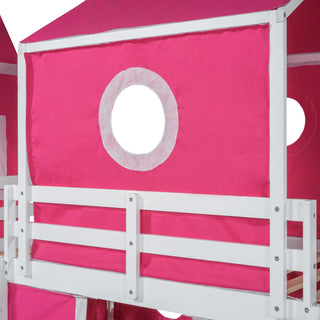 Sunvega Sturdy Pink Twin Size Loft Bed with Slide Tower and Playhouse Design
