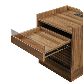 Sunvega Modern Brown Nightstand with Charging Station, Smart LED Lights, and Two Drawers