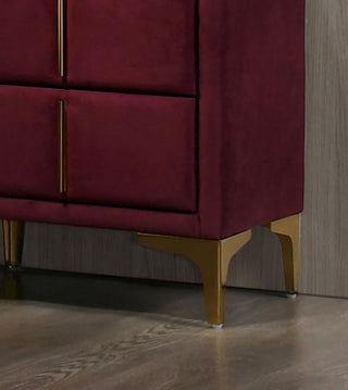 Sunvega Red and Gold Flannelette Nightstand with Upholstered Drawers and Bar Pull Handle