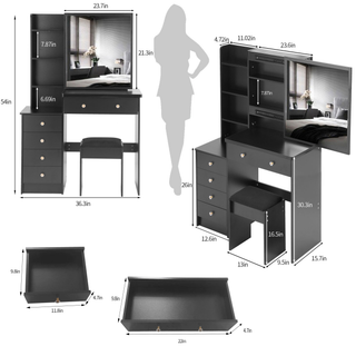 Sunvega 37 Inch Left Bedside Cabinet Vanity Table with Cushioned Stool and Sliding Mirror