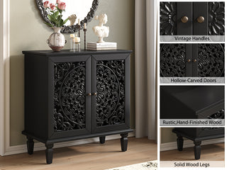 Sunvega Antique Green Buffet Cabinet with Floral Carvings and Solid Wood Legs for Living Room