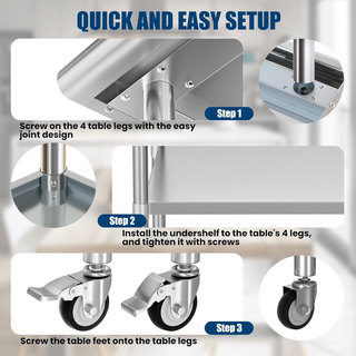 Sunvega NSF-Certified Stainless Steel Prep Table with Wheels and Adjustable Undershelf