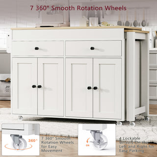 Sunvega White Kitchen Island with Extendable Dining Table on Wheels Spice Rack