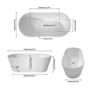 Sunvega Premium High-back Oval Acrylic Freestanding Soaker Bathtub Non-Slip Easy Clean
