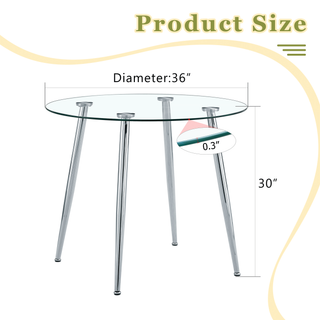 Sunvega Modern Round Dining Table with Silver Metal Legs and Clear Glass Top