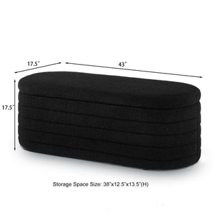 Sunvega Modern Oval Upholstered Boucle Teddy Fabric Storage Ottoman Bench with Safety Hinge